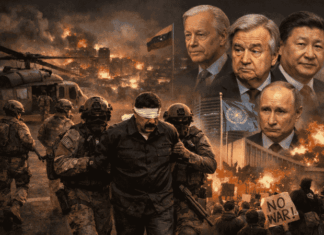 Venezuela : ONU, Europe, Amériques réagissent aux frappes US Opération militaire américaine au Venezuela et réactions internationales, avec soldats sur le terrain à Caracas et dirigeants mondiaux en arrière-plan.