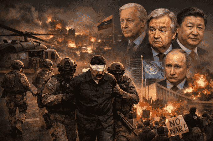 Opération militaire américaine au Venezuela et réactions internationales, avec soldats sur le terrain à Caracas et dirigeants mondiaux en arrière-plan.