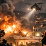ONU : l’action américaine au Venezuela crée un « dangereux précédent » Hélicoptères militaires américains survolant Caracas lors d’une intervention armée au Venezuela, avec explosions visibles près de bâtiments gouvernementaux, janvier 2026.