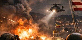 ONU : l’action américaine au Venezuela crée un « dangereux précédent » Hélicoptères militaires américains survolant Caracas lors d’une intervention armée au Venezuela, avec explosions visibles près de bâtiments gouvernementaux, janvier 2026.