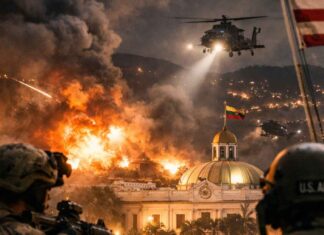 ONU : l’action américaine au Venezuela crée un « dangereux précédent » Hélicoptères militaires américains survolant Caracas lors d’une intervention armée au Venezuela, avec explosions visibles près de bâtiments gouvernementaux, janvier 2026.