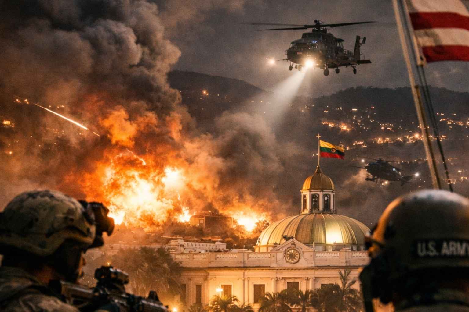 Hélicoptères militaires américains survolant Caracas lors d’une intervention armée au Venezuela, avec explosions visibles près de bâtiments gouvernementaux, janvier 2026.