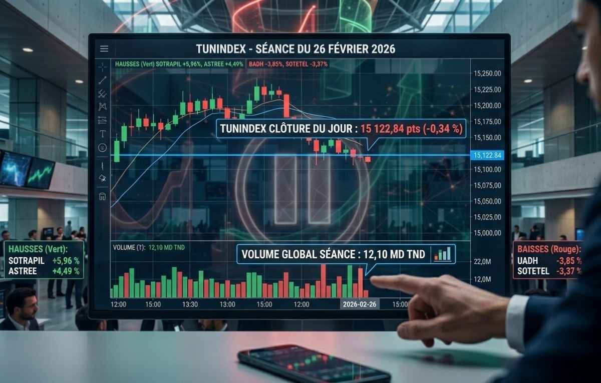 Graphique de la séance boursière du 26 février 2026 montrant une légère correction du TUNINDEX à 15 122,84 points avec un volume de 12,10 MD TND.