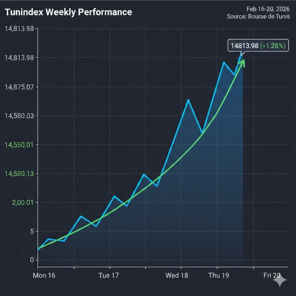Graphique de la courbe ascendante du Tunindex clôturant à 14 813,98 points pour la semaine du 16 au 20 février 2026