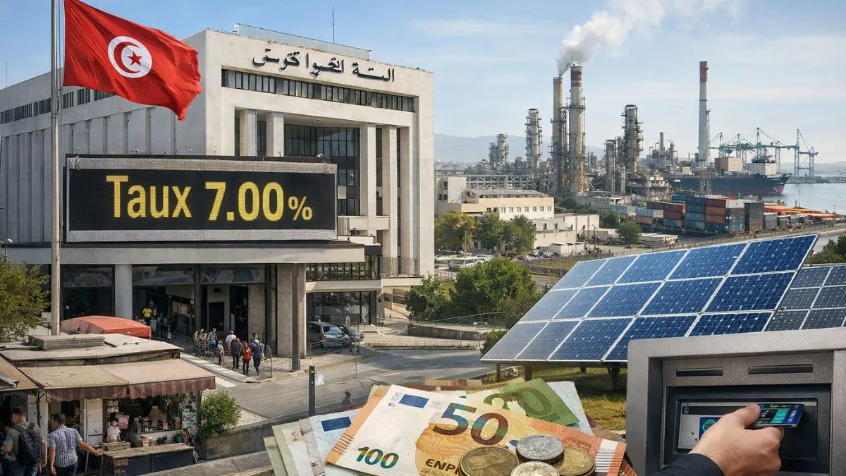 Infographie comparant les indicateurs économiques de la Tunisie en 2026 : Taux directeur BCT, réserves de change et croissance du TUNINDEX