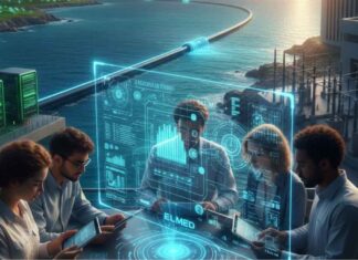 L’Énergie au bout du câble : Pourquoi Terna mise sur le génie tunisien Infographie montrant le tracé du câble sous-marin ELMED entre la Tunisie et l'Italie, entourée de logos de technologies Cleantech et Smart Grid