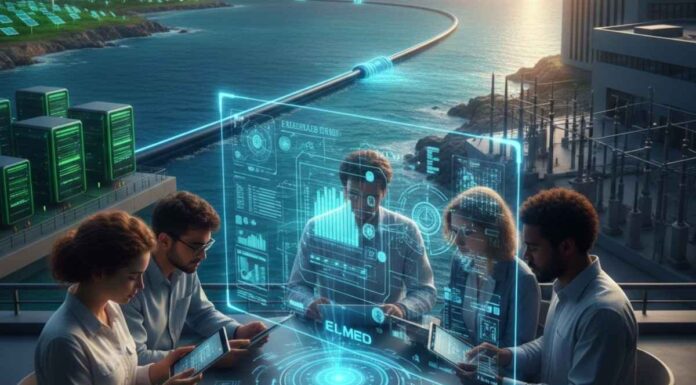 L’Énergie au bout du câble : Pourquoi Terna mise sur le génie tunisien Infographie montrant le tracé du câble sous-marin ELMED entre la Tunisie et l'Italie, entourée de logos de technologies Cleantech et Smart Grid