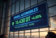 Le TITRE du Jour : ENNAKL accélère, le marché valide le scénario fondamental Illustration boursière montrant un écran géant de trading affichant la performance de l'action ENNAKL AUTOMOBILES : cours de 16,430 DT, hausse de +6,00% et performance YTD de +8,95% sur fond de skyline urbaine avec des analystes financiers.