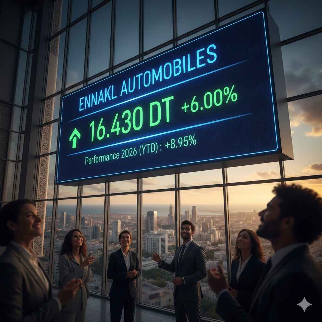 Illustration boursière montrant un écran géant de trading affichant la performance de l'action ENNAKL AUTOMOBILES : cours de 16,430 DT, hausse de +6,00% et performance YTD de +8,95% sur fond de skyline urbaine avec des analystes financiers.
