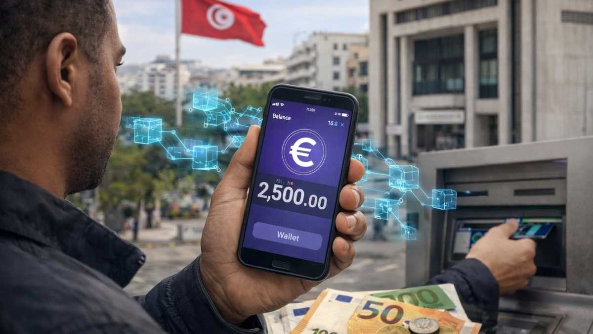 Infographie montrant le corridor financier entre l'euro numérique (BCE) et l'économie tunisienne via une passerelle de conversion numérique sécurisée.