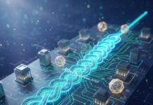 Elyssa-RTGS : Analyse de la croissance des règlements interbancaires en 2025 Flux de données financiers lumineux reliant des banques stylisées sur un circuit imprimé futuriste, symbolisant la sécurité et la rapidité des règlements interbancaires