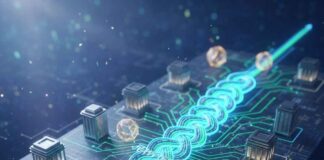 Elyssa-RTGS : Analyse de la croissance des règlements interbancaires en 2025 Flux de données financiers lumineux reliant des banques stylisées sur un circuit imprimé futuriste, symbolisant la sécurité et la rapidité des règlements interbancaires