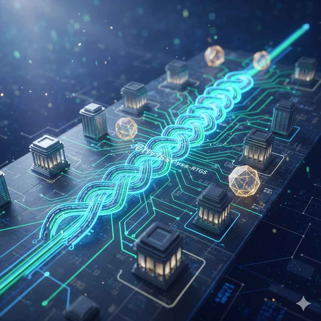 Flux de données financiers lumineux reliant des banques stylisées sur un circuit imprimé futuriste, symbolisant la sécurité et la rapidité des règlements interbancaires