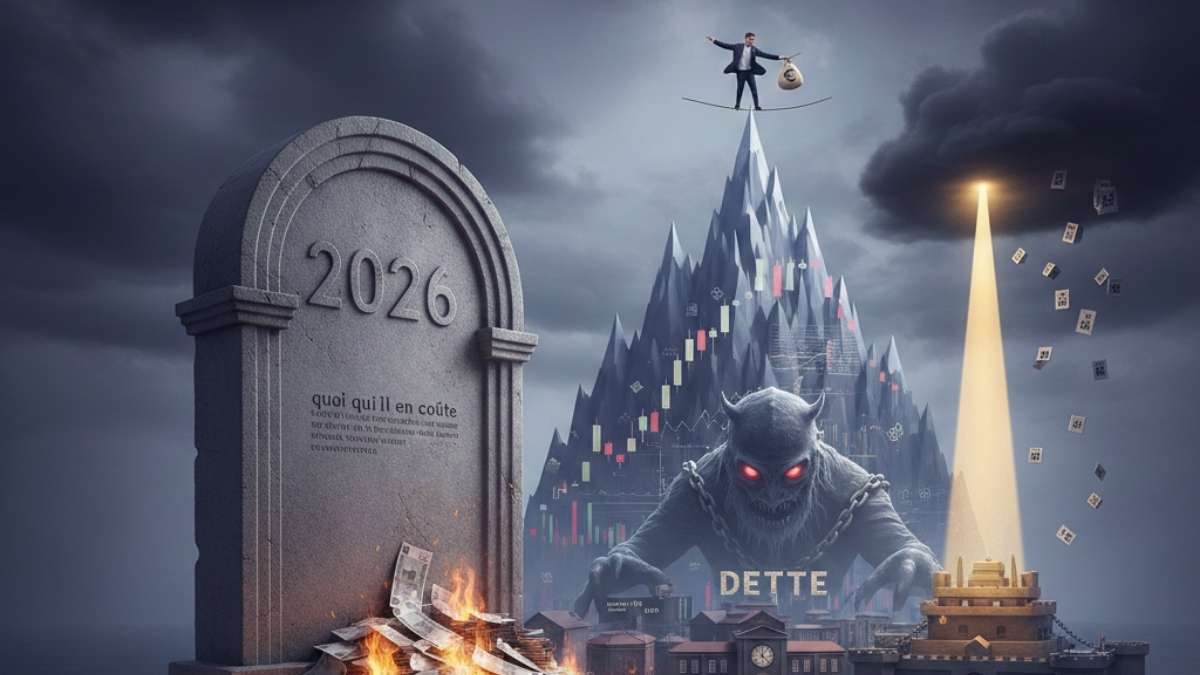 Infographie montrant la répartition du budget de l'État français 2026 avec une flèche ascendante pour la Défense et une flèche descendante pour le déficit public