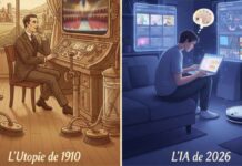 REGARDS CROISÉS | L’Utopie de 1910 face à l’IA de 2026 : Pourquoi nous avons échoué à devenir des “Aristocrates du Temps” Illustration conceptuelle d'une maison automatisée de 1910 utilisant des tubes pneumatiques pour livrer des repas, contrastant avec un homme moderne travaillant sur un ordinateur portable avec une IA.
