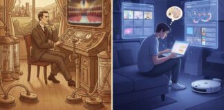 REGARDS CROISÉS | L’Utopie de 1910 face à l’IA de 2026 : Pourquoi nous avons échoué à devenir des “Aristocrates du Temps” Illustration conceptuelle d'une maison automatisée de 1910 utilisant des tubes pneumatiques pour livrer des repas, contrastant avec un homme moderne travaillant sur un ordinateur portable avec une IA.