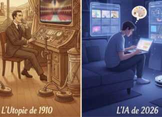 REGARDS CROISÉS | L’Utopie de 1910 face à l’IA de 2026 : Pourquoi nous avons échoué à devenir des “Aristocrates du Temps” Illustration conceptuelle d'une maison automatisée de 1910 utilisant des tubes pneumatiques pour livrer des repas, contrastant avec un homme moderne travaillant sur un ordinateur portable avec une IA.