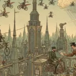REGARDS CROISÉS | Le Futur d’Hier : Aviation individuelle et dîners automatisés, ces prédictions de 1910 qui se sont trompées Illustration rétro-futuriste montrant des agents de la circulation aérienne et des avions individuels survolant une ville de verre en 1910.