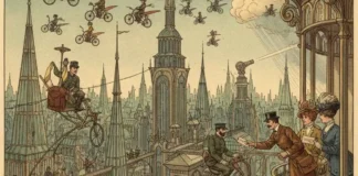 REGARDS CROISÉS | Le Futur d’Hier : Aviation individuelle et dîners automatisés, ces prédictions de 1910 qui se sont trompées Illustration rétro-futuriste montrant des agents de la circulation aérienne et des avions individuels survolant une ville de verre en 1910.