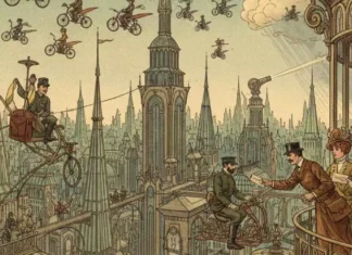 REGARDS CROISÉS | Le Futur d’Hier : Aviation individuelle et dîners automatisés, ces prédictions de 1910 qui se sont trompées Illustration rétro-futuriste montrant des agents de la circulation aérienne et des avions individuels survolant une ville de verre en 1910.
