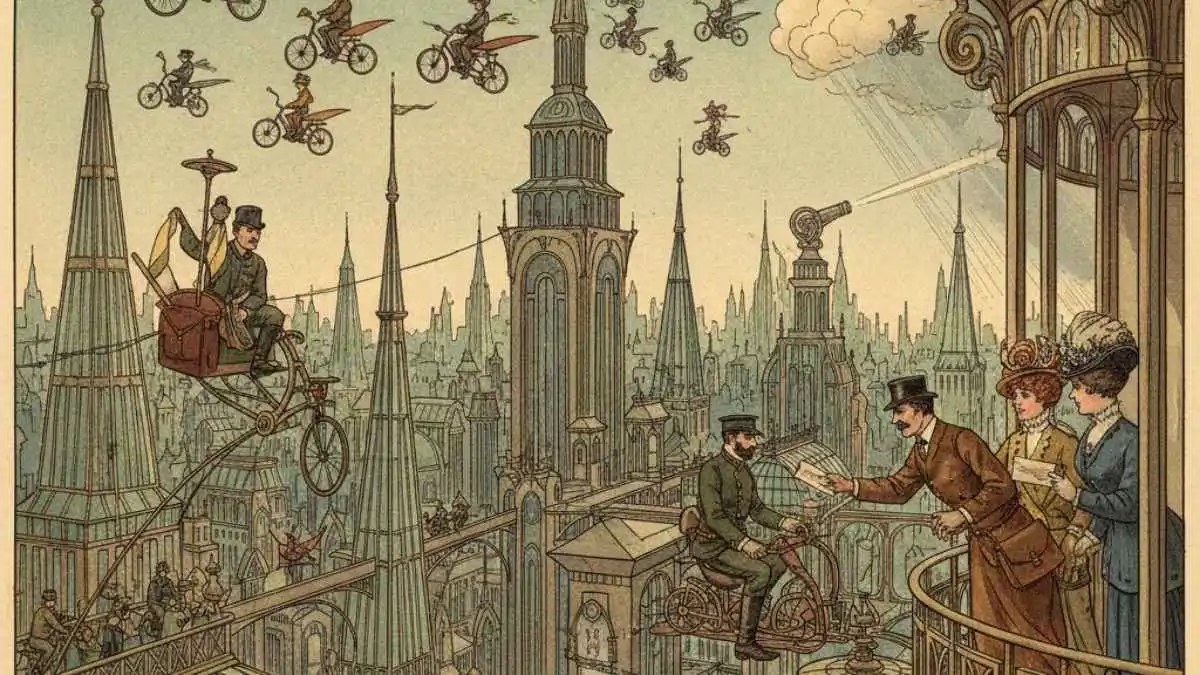 Illustration rétro-futuriste montrant des agents de la circulation aérienne et des avions individuels survolant une ville de verre en 1910.