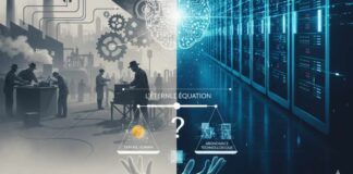 REGARDS CROISÉS | IA vs Machine-Outil : L’éternel retour de l’utopie technologique Illustration conceptuelle montrant la transition entre une usine industrielle du début du XXe siècle et un centre de données moderne, symbolisant le passage de la machine physique à l'intelligence artificielle.