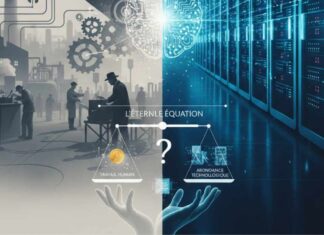 REGARDS CROISÉS | IA vs Machine-Outil : L’éternel retour de l’utopie technologique Illustration conceptuelle montrant la transition entre une usine industrielle du début du XXe siècle et un centre de données moderne, symbolisant le passage de la machine physique à l'intelligence artificielle.