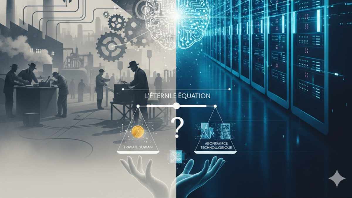 Illustration conceptuelle montrant la transition entre une usine industrielle du début du XXe siècle et un centre de données moderne, symbolisant le passage de la machine physique à l'intelligence artificielle.