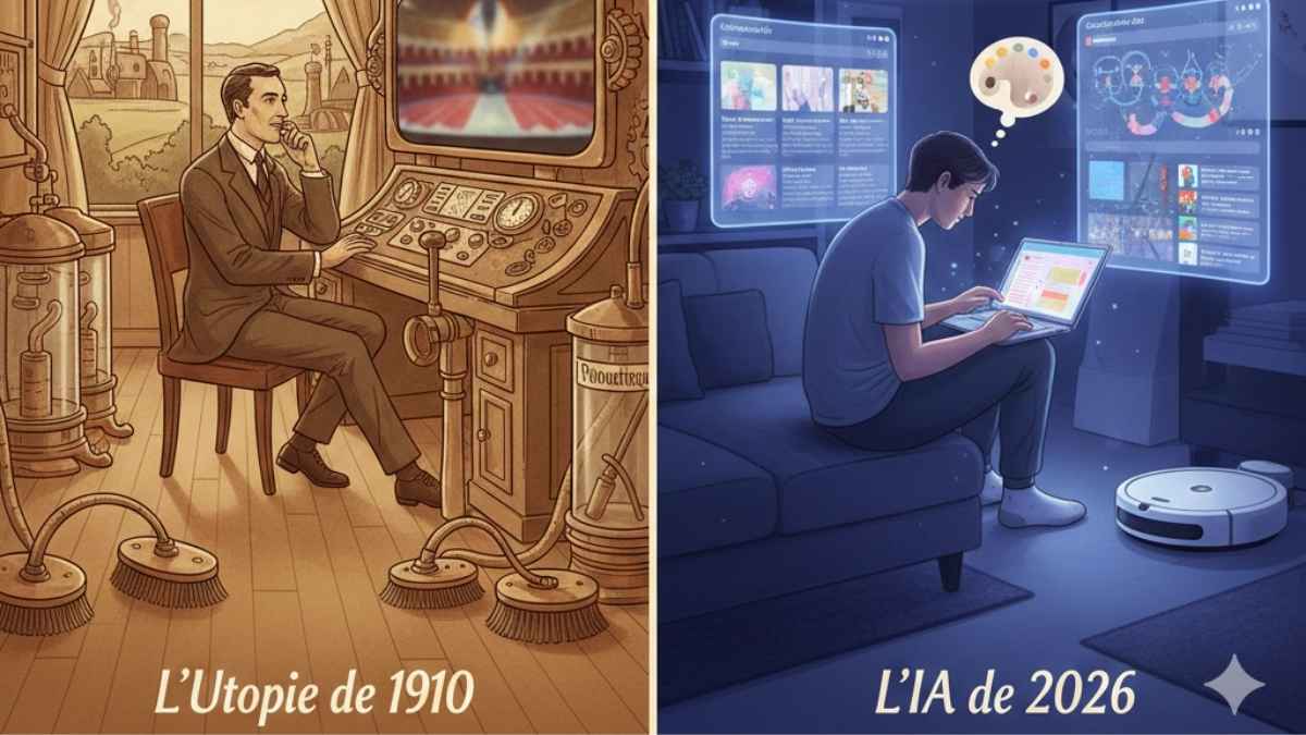 Illustration conceptuelle d'une maison automatisée de 1910 utilisant des tubes pneumatiques pour livrer des repas, contrastant avec un homme moderne travaillant sur un ordinateur portable avec une IA.