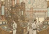 REGARDS CROISÉS | Le mirage de la semaine de trois jours : pourquoi la prédiction de 1910 a échoué Illustration d'une usine futuriste imaginée en 1910 avec des machines automatisées et peu d'ouvriers surveillant des cadrans.