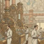 REGARDS CROISÉS | Le mirage de la semaine de trois jours : pourquoi la prédiction de 1910 a échoué Illustration d'une usine futuriste imaginée en 1910 avec des machines automatisées et peu d'ouvriers surveillant des cadrans.