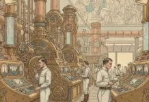 REGARDS CROISÉS | Le mirage de la semaine de trois jours : pourquoi la prédiction de 1910 a échoué Illustration d'une usine futuriste imaginée en 1910 avec des machines automatisées et peu d'ouvriers surveillant des cadrans.