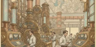 REGARDS CROISÉS | Le mirage de la semaine de trois jours : pourquoi la prédiction de 1910 a échoué Illustration d'une usine futuriste imaginée en 1910 avec des machines automatisées et peu d'ouvriers surveillant des cadrans.