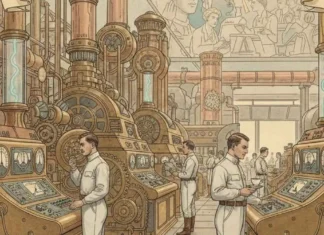 REGARDS CROISÉS | Le mirage de la semaine de trois jours : pourquoi la prédiction de 1910 a échoué Illustration d'une usine futuriste imaginée en 1910 avec des machines automatisées et peu d'ouvriers surveillant des cadrans.