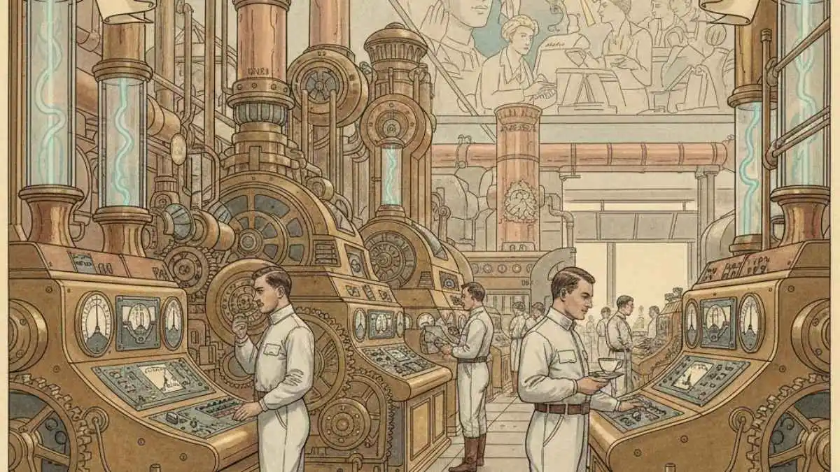 Illustration d'une usine futuriste imaginée en 1910 avec des machines automatisées et peu d'ouvriers surveillant des cadrans.