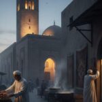 Les Vadrouilles Ramadanesques de l’IA : Kairouan, l’économie de la ferveur au cœur du Ramadan tunisien Vue panoramique de la Grande Mosquée de Kairouan au crépuscule avec les ruelles de la Médina et des passants en habits traditionnels (jebba).