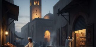 Les Vadrouilles Ramadanesques de l’IA : Kairouan, l’économie de la ferveur au cœur du Ramadan tunisien Vue panoramique de la Grande Mosquée de Kairouan au crépuscule avec les ruelles de la Médina et des passants en habits traditionnels (jebba).
