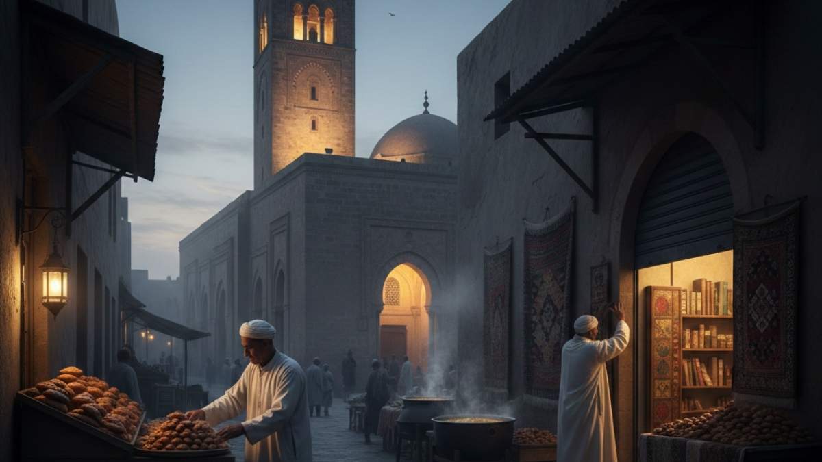 Vue panoramique de la Grande Mosquée de Kairouan au crépuscule avec les ruelles de la Médina et des passants en habits traditionnels (jebba).