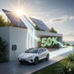 L’offre SMSS de l’OMODA E5 : Quand l’automobile ne vend plus des voitures, mais de l’autonomie énergétique SUV électrique OMODA E5 en charge sur une borne 22kW domestique alimentée par des panneaux solaires, illustrant l'offre SMSS d'Ulysse Car Trading en Tunisie pour 22 000 km d'autonomie gratuite.