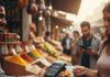 L’essor des paiements électroniques en Tunisie : Bilan et statistiques 2025 Une cliente effectuant un paiement par carte bancaire sans contact sur un terminal TPE tenu par un marchand dans un souk traditionnel tunisien, illustrant la modernisation des paiements de proximité en Tunisie