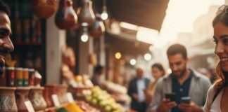 L’essor des paiements électroniques en Tunisie : Bilan et statistiques 2025 Une cliente effectuant un paiement par carte bancaire sans contact sur un terminal TPE tenu par un marchand dans un souk traditionnel tunisien, illustrant la modernisation des paiements de proximité en Tunisie