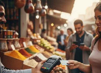 L’essor des paiements électroniques en Tunisie : Bilan et statistiques 2025 Une cliente effectuant un paiement par carte bancaire sans contact sur un terminal TPE tenu par un marchand dans un souk traditionnel tunisien, illustrant la modernisation des paiements de proximité en Tunisie