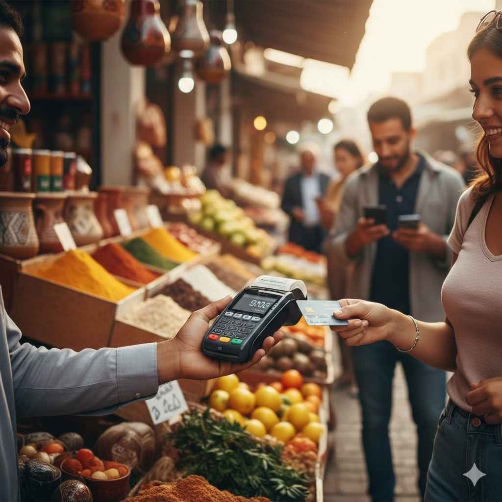 Une cliente effectuant un paiement par carte bancaire sans contact sur un terminal TPE tenu par un marchand dans un souk traditionnel tunisien, illustrant la modernisation des paiements de proximité en Tunisie