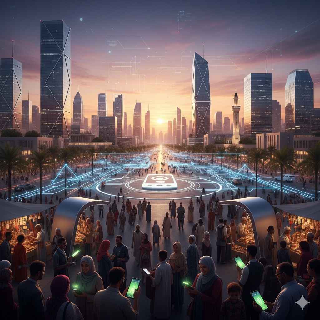 Représentation conceptuelle de la transformation numérique des paiements en Tunisie, mêlant tradition et technologie mobile