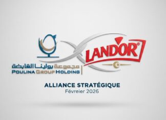 Consolidation majeure dans l’agroalimentaire : Poulina Group Holding lance l’acquisition de Land’Or Logo de Poulina Group Holding et Land’Or superposés sur fond d'usine agroalimentaire moderne, symbolisant le projet d'acquisition