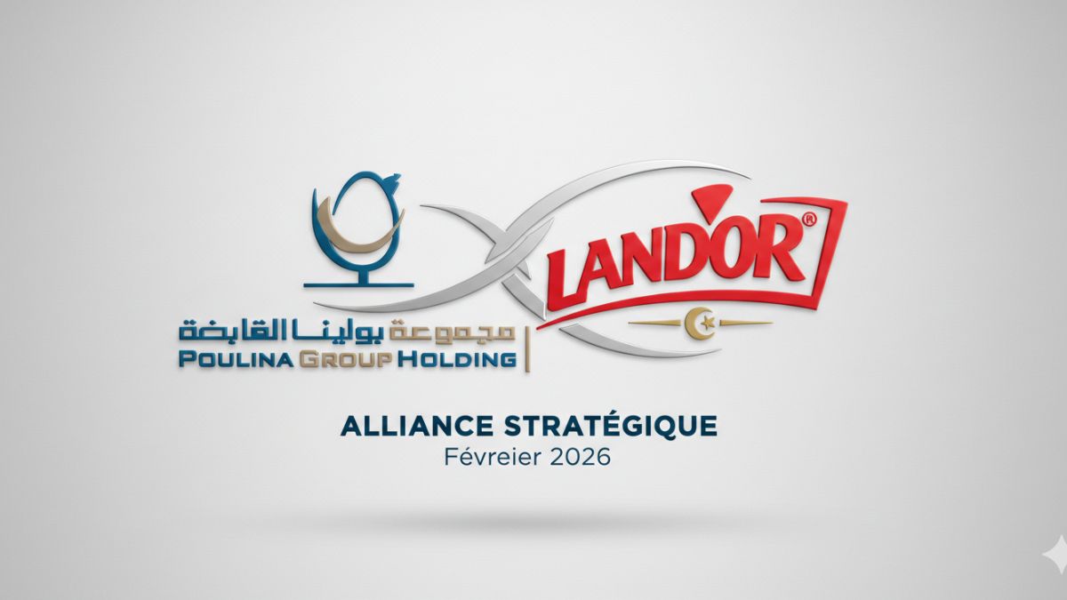 Logo de Poulina Group Holding et Land’Or superposés sur fond d'usine agroalimentaire moderne, symbolisant le projet d'acquisition