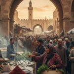 Les Vadrouilles Ramadanesques de l’IA : Sfax à l’heure du Ramadan, entre rigueur laborieuse et ferveur gourmande Vue panoramique de l'entrée de la Médina de Sfax et de Bab Bhar avec une foule dense faisant ses courses de Ramadan l'après-midi