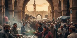 Les Vadrouilles Ramadanesques de l’IA : Sfax à l’heure du Ramadan, entre rigueur laborieuse et ferveur gourmande Vue panoramique de l'entrée de la Médina de Sfax et de Bab Bhar avec une foule dense faisant ses courses de Ramadan l'après-midi