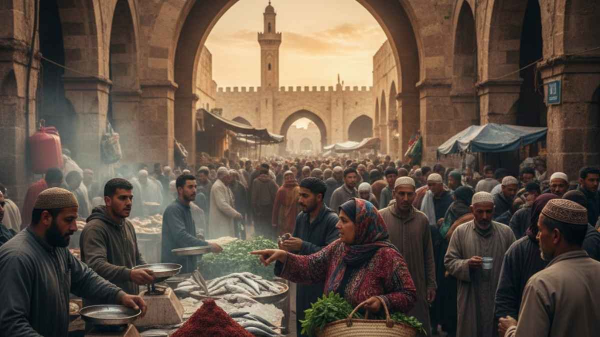 Vue panoramique de l'entrée de la Médina de Sfax et de Bab Bhar avec une foule dense faisant ses courses de Ramadan l'après-midi