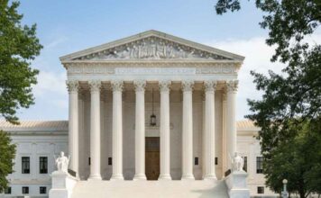 Cour suprême USA : Décision sur les taxes douanières et séparation des pouvoirs Photographie de la façade de la Cour suprême des États-Unis avec les colonnes de marbre, symbolisant le pouvoir judiciaire